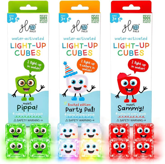 Glo Pals Water-Activated Light-Up Sensory Bath Toy Cubes for Bathtime and Sensory Play, Vibrant Light-Up Colored Cubes for Kids and Toddlers, Glows Green, Red, and Multi-Color, Pack of 12