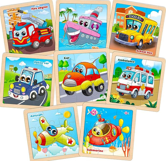 Wooden Vehicle Puzzles for Toddlers, 8 Pack 9 PCS Jigsaw Puzzles for Kids, Wooden Puzzles for Toddlers 3-5, Vehicle Puzzles for Kids 3-5, Preschool Puzzles Learning Educational Sets Toys