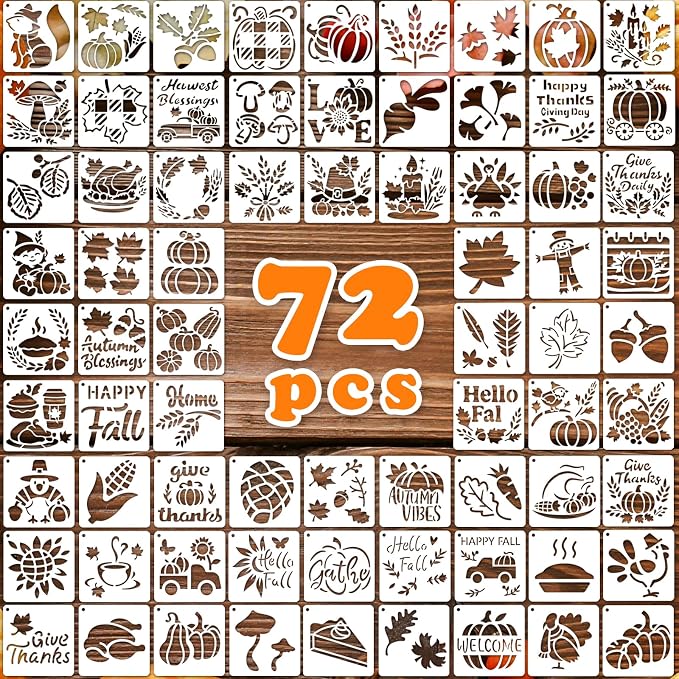 72 PCS 3x3 Inch Thanksgiving Stencils for Painting - Pumpkins, Gourds, Autumn Leaves, Wheat, Turkey Reusable Thanksgiving Painting Templates on Wood, Glass, Fabric, Window Door Decor DIY Decoration