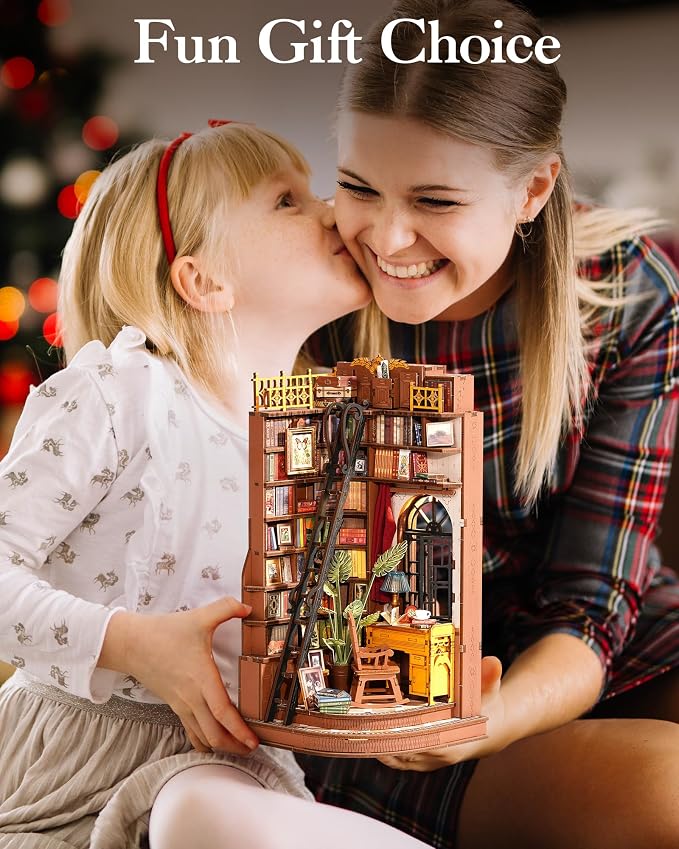ROBOTIME DIY Miniature Dollhouse Kit, Mini House Book Nook Kits Bookshelf Decor, Vintage Bookstore with Led Light, 3D Wooden Puzzle Gifts for Adults Book Lovers Family Friends (Silent Corner Study)
