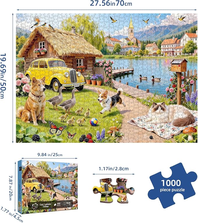 Cozy Lakeside Cottage Puzzles for Adults 1000 Pieces,Challenging Jigsaw Puzzles for Adults,Difficult Impossible Puzzle for Family Game Night,Recycled Paper Jigsaw Puzzle,Gifts for Boys Girls
