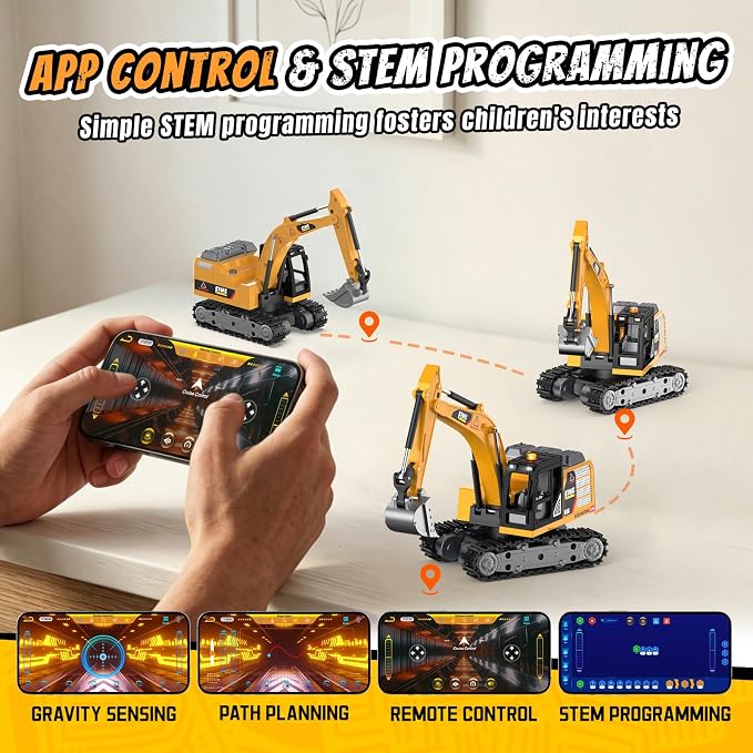Selieve 1/64 Remote Control Excavator for Boys Age 3+ | Mini Excavator Toy, Learning Programming, Metal Shovel & Light, RC Construction Vehicle