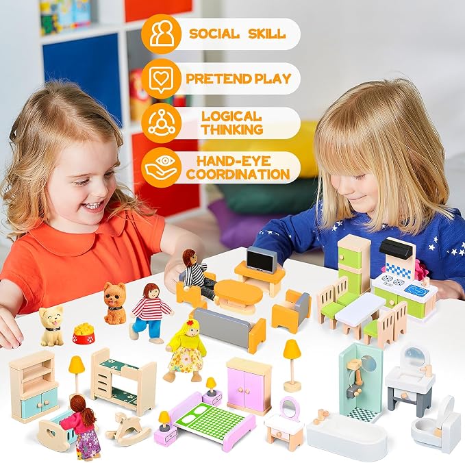 HAPGFS 36PCS Wooden Dollhouse Furniture Set with 4 Flexible Family Dolls - 5 Room Realistic Doll House Accessories for Toddlers 3 4 5 6, Pretend Play Toys Gift for Birthday and Christmas