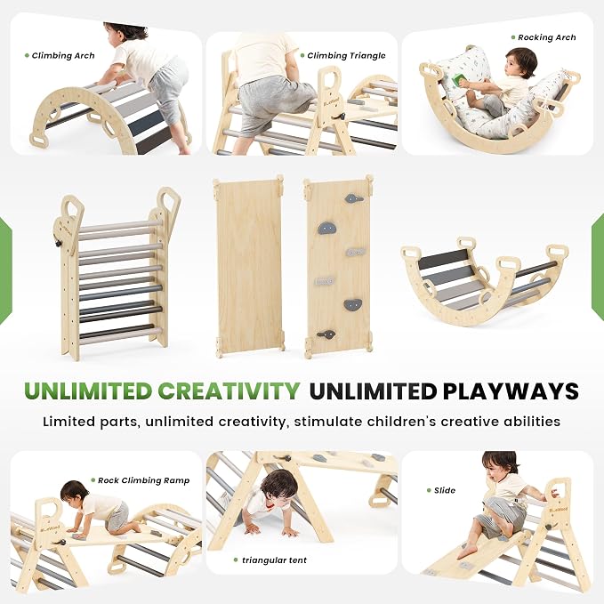 BlueWood Pikler Triangle Set with Cushion, 8-in-1 Climbing Toys for Toddlers, Montessori Philosophy Play Jungle Gym with Arch, Ramp, Ladder(Elegant Gray)