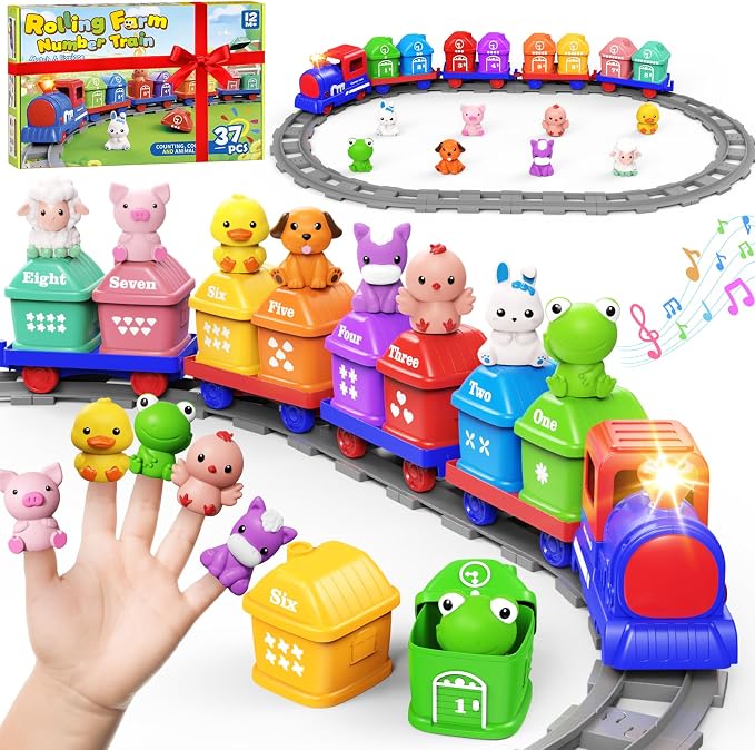 Train Set for Toddlers 2-4, Electric Toddler Train Set with Farm Animals, Music & Lights, Montessori Counting & Sorting Learning Toy, Birthday Easter for Boys Girls (Blue)