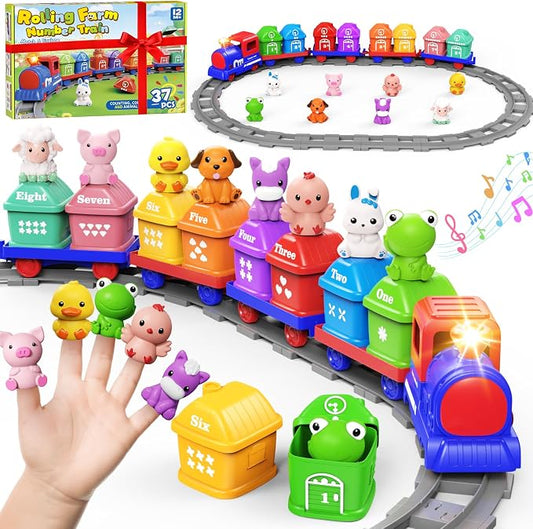 Train Set for Toddlers 2-4, Electric Toddler Train Set with Farm Animals, Music & Lights, Montessori Counting & Sorting Learning Toy, Birthday Easter for Boys Girls (Blue)