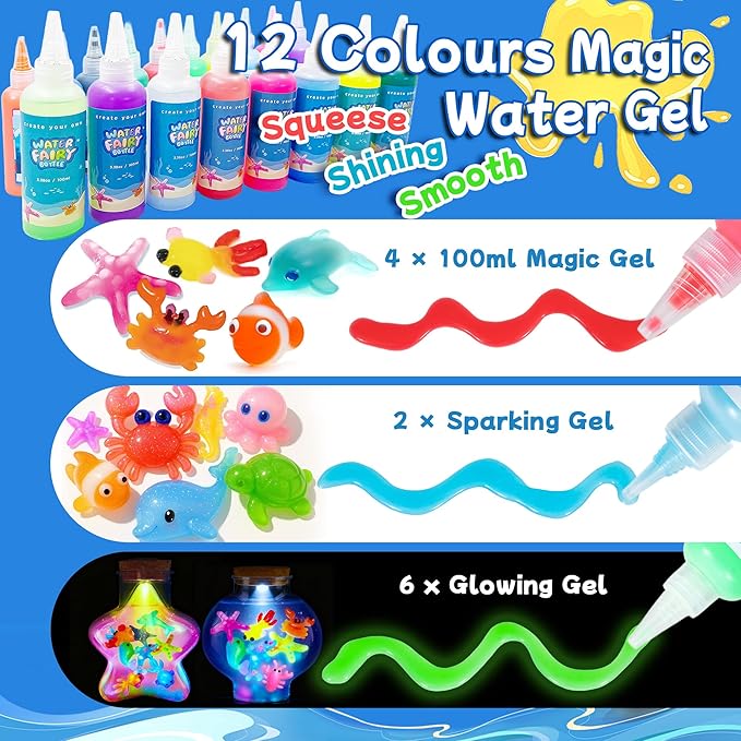 LED Night Light Up, Magic Water Fairy Craft Kit for Kid, Glow-in-The-Dark Magic Gel Water Pets Squishy Kit, Aqua DIY Elf with 18 Molds,100ml Gels, 5L Bucket Christmas Gift Make Your Own Sea World