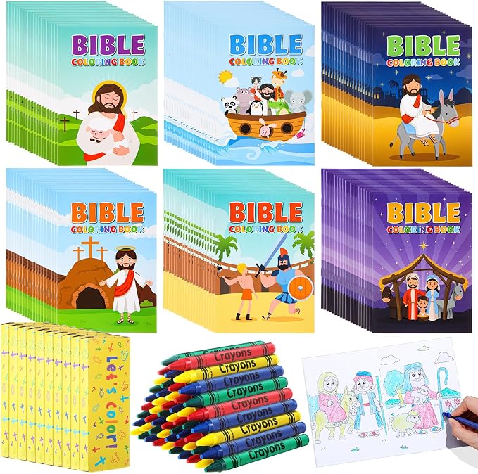 Gilprop 60 Set Bulk Christian Coloring Books with Crayons for Kids Bible Religious Drawing Books Bulk Christian Story Activity Supplies, DIY Sunday School Crafts, Bible Party Favors Gifts