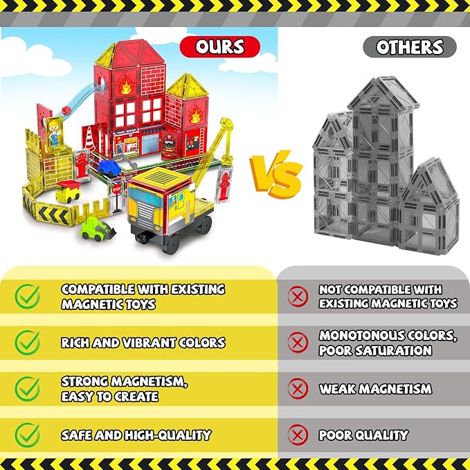 Magnetic Tiles for Kids, 56PCS Construction Magnet Tiles with Fire Truck Station, Building, Road, Crane, Car Truck - STEM Magnetic Blocks for Kids Ages 4-8, Toys for 4 5 Year Old Boys Birthday Gifts