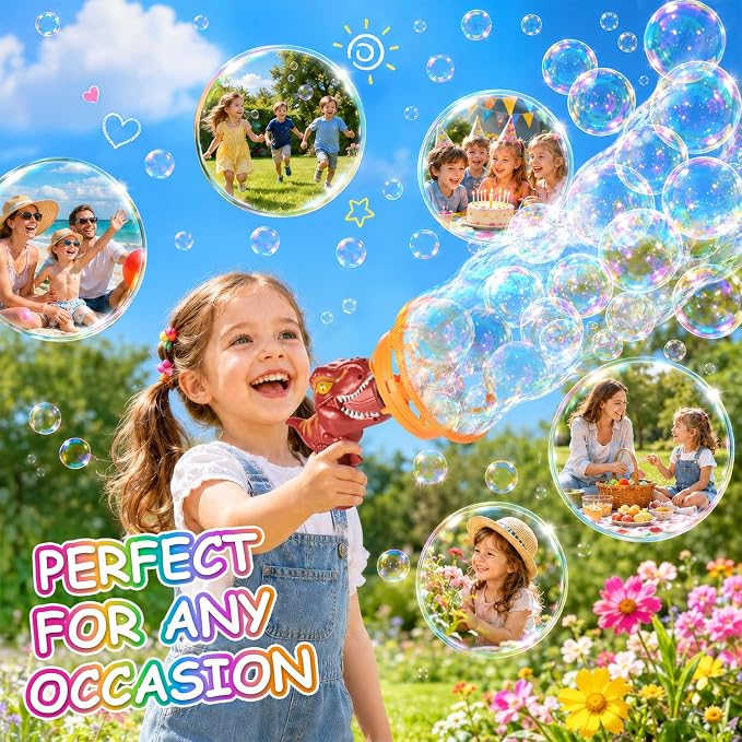 Dinosaur Shaped Bubble Gun for Kids - Blows Over 1000 Bubbles per Minute & Creates Giant Bubbles, Birthday, Christmas & Easter Gift for Boys & Girls Ages 3-9 (Red)