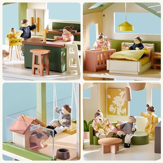 Tiny Land Wooden Doll House, Modern Family Dollhouse with Realistic Design, 7 Rooms Dollhouse with 49 PCS Accessories, Montessori Pretend Play Toddler Toy, Ideal Gift for Kids Ages 3+, Green