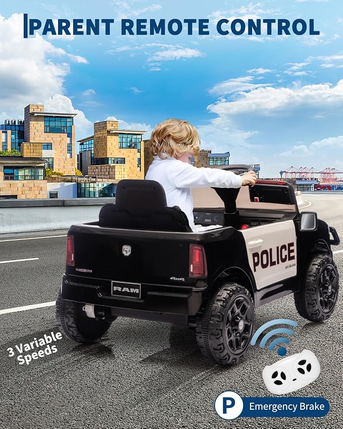 Garvee Kids Ride On Police Cars, Licensed RAM 12V Electric Ride On Police Car w/Remote Control, Electric Pickup Car for Toddlers, Spring Suspension, LED Lights, Music, Ride On Toys for Boys Girls