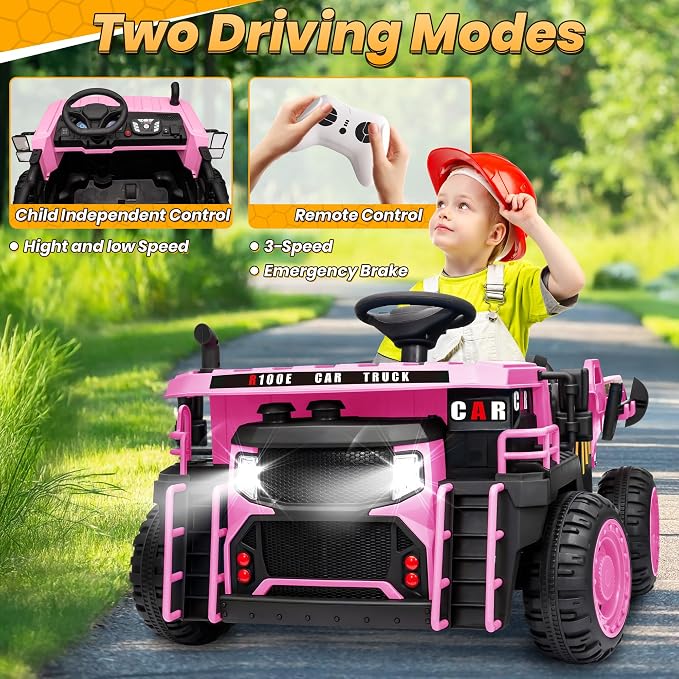 JOYRACER 24V 2 Seater Ride on Dump Truck w/400W Motors, Kids Ride On Car w/20'' Seat, Parent Remote, Electric Construction Vehicle w/Dump Bed & Shovel, 5Mph Max, Power Car Wheelers for Kids, Pink