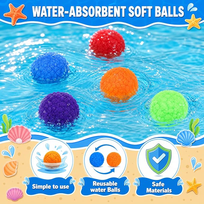 Water Balloon Launcher, 2 Bow Launchers Toy with 24 Pcs Reusable Water Absorption Cotton Balls, Outdoor Summer Yard Water Games and Pool Beach Activities for Family