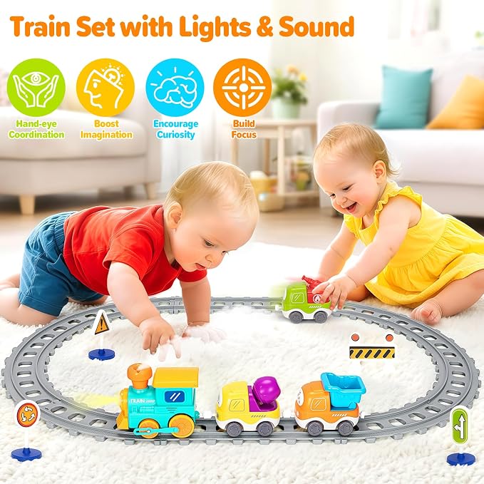 Electric Train Set for Toddlers, Realistic Steam Train Toys with Lights & Music for Kids, Magnetic Truck Toys for Toddler 1-3-5, Christmas Birthday Gifts for 1 2 3 4 5 Year Old Boys Girls