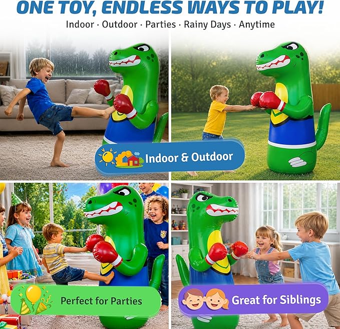 Preferred Toys 47" Inflatable Dinosaur Punching Bag for Kids - Durable Blow Up Kids Punching Bag with Bounce Back Base - Inflatable Indoor Outdoor Active Toddler Bop Play Toy