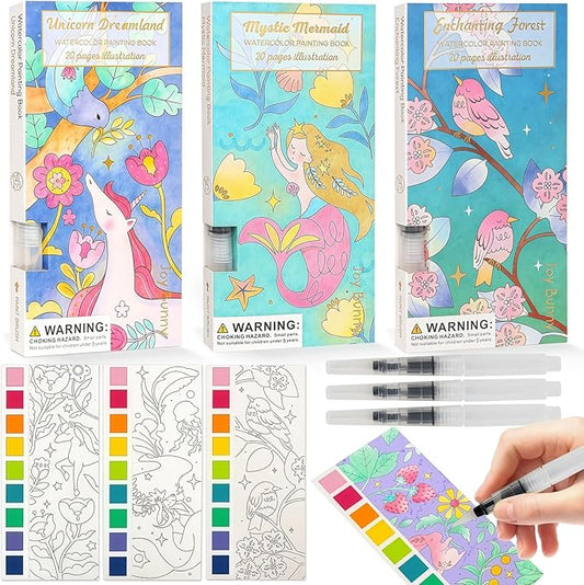 JCREN Watercolor Painting Books, Pocket Watercolor Painting Coloring Kit, Paint with Water Bookmarks Travel Activity Party Favors for Kids Toddlers Gifts for Boys and Girls
