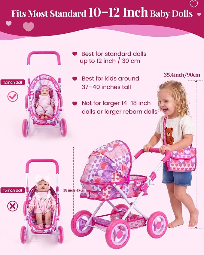BABESIDE Baby Doll Stroller Set with 12 Inch Baby Doll, 14 Pcs Baby Doll Accessories, Folding Doll Pram Pretend Play Set, Feeding, Bath & Care Toys, Gift for Girls Ages 3yrs+