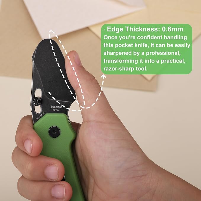 JIN Rhino Jr. Kids Pocket Knife, Fidget Toy Knife, DIY Kit, 1.97” Unsharpened Steel Blade, Safety Rounded Tip, Kids-friendly Button Lock Folding EDC, Green G10 Handle