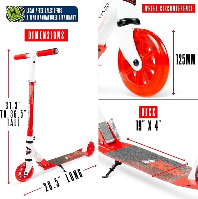 Kick Scooter for Ages 5+ - Kids, Teens & Adults. Max Load 220lbs. Foldable, Light-Up Wheels, Adjustable Height, Lightweight - Rush 125 Madd Gear