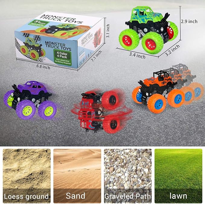 Monster Truck Toys - Friction Powered Toy Cars Push and Go Trucks Toy for Toddlers Kids Age 2-4 3-5 4-7 Best Christmas Birthday Party Children's Day Gift for Boys Girls 2 3 4 5 6 7 Year Old 4-Pack