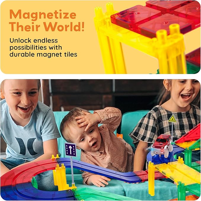 PicassoTiles 100 Pcs Race Track Magnetic Tiles Building Set LED Cars Truck Included with Adjustable Roads and Signs Multicolored STEM Toy Kit Construction Educational for Boys & Girls Ages 3+ PTR100