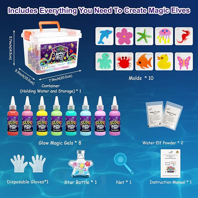 Kiditos Magic Water Elf Toy Kit for Kids, Glow-in-the-Dark Water Elves Craft Kit–DIY Water Pets Craft Kit with 8 Glow Gels, 10 Molds & Star Bottle, STEM Sensory Learning Toy for Ages 3+