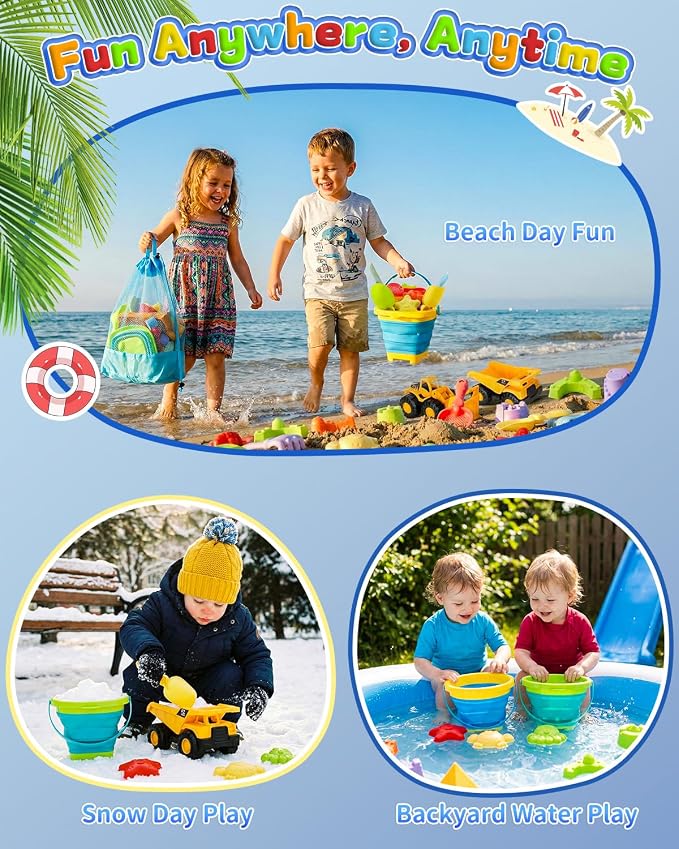 30PCS Beach Toys for Kids Ages 3-10, All-in-One Sand Toys Set with 2 Collapsible Buckets, Shovels, Trucks & Molds, Keep Kids Busy for Hours - Easy to Carry for Beach Travel Sandbox Play