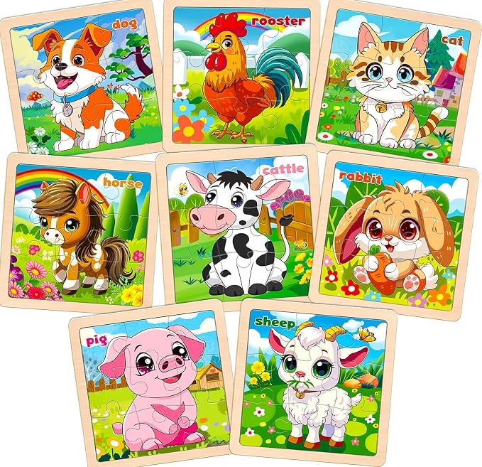 Wooden Farm Puzzles for Toddlers, 8 Pack 9 PCS Jigsaw Puzzles for Kids, Wooden Puzzles for Toddlers 3-5, Animal Puzzles for Kids 3-5, Preschool Puzzles Learning Educational Sets Toys