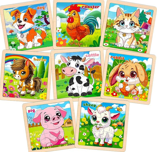 Wooden Farm Puzzles for Toddlers, 8 Pack 9 PCS Jigsaw Puzzles for Kids, Wooden Puzzles for Toddlers 3-5, Animal Puzzles for Kids 3-5, Preschool Puzzles Learning Educational Sets Toys