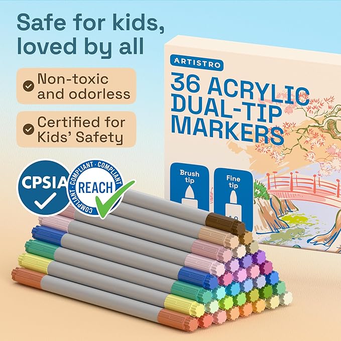 ARTISTRO 36 Pastel Acrylic Paint Markers - Paint Pens for Drawing - For Fabric, Rock, Glass, Wood, Molds - Arts & Crafts Gift for Adults, Teens, Kids, Classroom Must Haves & School Supplies