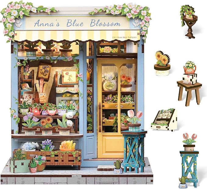 Cutefun Book Nook Kit - DIY Miniature Flower Shop Dollhouse Kit for Adults and Teens, 3D Wooden Puzzle Bookshelf Insert Decor with LED Light, Gifts for Book Lovers and Beginners (Anna's Blue Blossom)