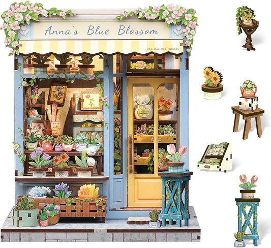 Cutefun Book Nook Kit - DIY Miniature Flower Shop Dollhouse Kit for Adults and Teens, 3D Wooden Puzzle Bookshelf Insert Decor with LED Light, Gifts for Book Lovers and Beginners (Anna's Blue Blossom)