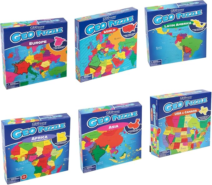 GeoToys GeoPuzzle, Country Jigsaw Puzzles Set of 6, Geography Game & Map Puzzle, Educational Games & Kids Learning Activities, Puzzle Gifts for Children Ages 6-9, Fun Learning Toys for Kids