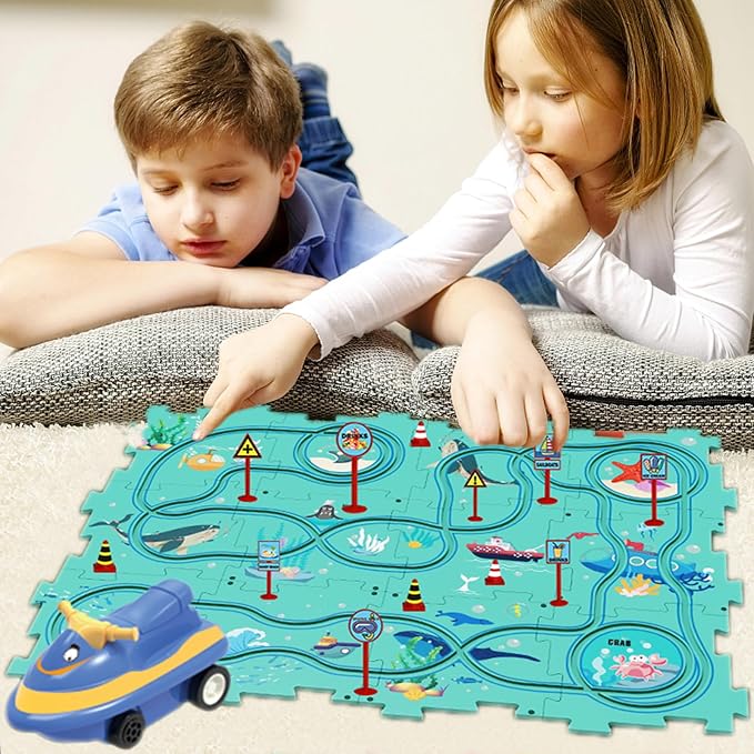 Christmas Stocking Stuffer 25PCS Puzzle Racer Kids Car Track Set, Ocean Series Puzzle Racer Car Track Set Puzzle Track Car Play Set Preschool Gifts for Kids Birthday Gift for Boys Girls