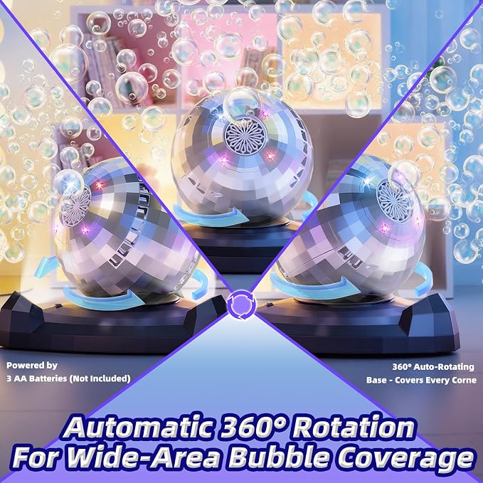 Bubble Machine for Kids & Toddlers 1-3, Automatic Disco Bubble Blower Maker with Bubble Toys, LED Lights & 360° Rotation, 10000+ Bubbles Per Min, Outdoor Game Toy for Easter Birthday Party