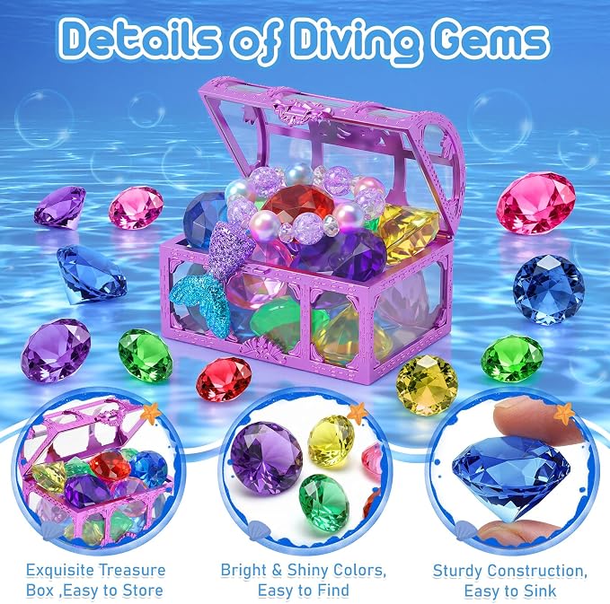VGOFUN Diving Gems Pool Toys,10 Pcs Colorful Diamond with Treasure Chest Pirate Box Kids Swim Toys Acrylic Underwater Gemstone for Boys Girls Bath Toys Swimming Training Gift Water Pool Games