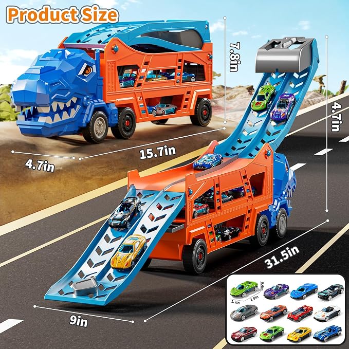 Race Track Truck Toys for 3 4 5 6 7 8 Years Old Boys, 2-Tier Storage Carrier Vehicle Playset with 12 Die-Cast Racing Car Toys, Car Ramps, Birthday Gifts for Toddlers Kids Girls Age 3-5 4-8