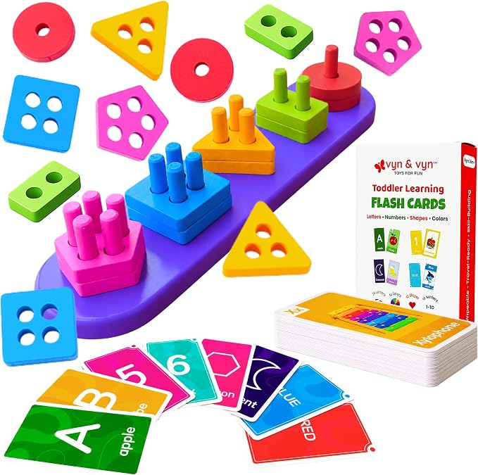 2-in-1 Wooden Shape Sorter & 58 Flash Cards Montessori Toy for Toddlers | Stacking & Sorting Toy for Boys & Girls, Color and Shape Matching Learning Puzzle for Ages 3+, Preschool Education