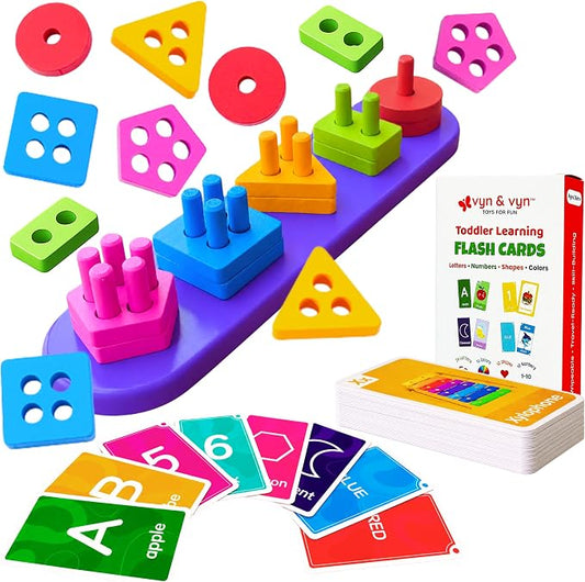 2-in-1 Wooden Shape Sorter & 58 Flash Cards Montessori Toy for Toddlers | Stacking & Sorting Toy for Boys & Girls, Color and Shape Matching Learning Puzzle for Ages 3+, Preschool Education