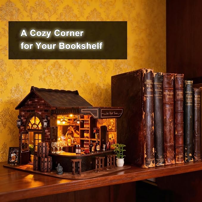 Book Nook Kit, DIY 3D Wooden Puzzle Miniature House, Vintage Pub Corner Tavern with LED Lights, Mini Dollhouse Building Kit Tiny House for Adults, Christmas Birthday Day Gift for Family