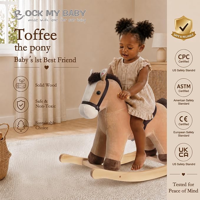 Rock My Baby Rocking Horse, Rocking Animal with Realistic Sound, Stuffed Rocker for Toddlers 18M+, Soft Filling Ride on Pony, Light Brown Horse, CPC Certified
