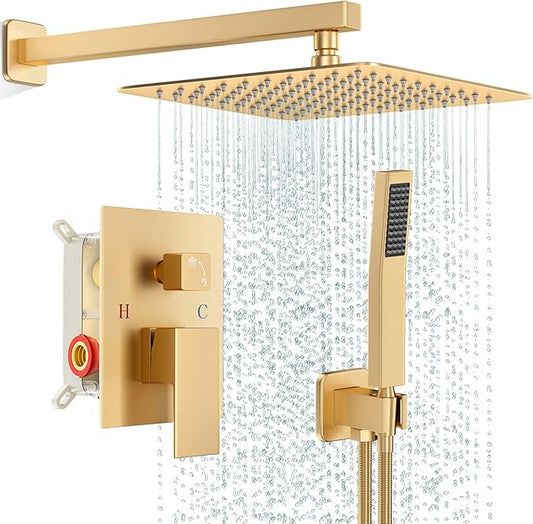 FPXRNG Gold Shower Faucet Set, Rainfall Shower System with Rain Shower Head and Handle Set, Wall Mounted Shower Fixtures, Full Metal Trim Repair Kit 12 inch Paint Gold (With Shower Valve)