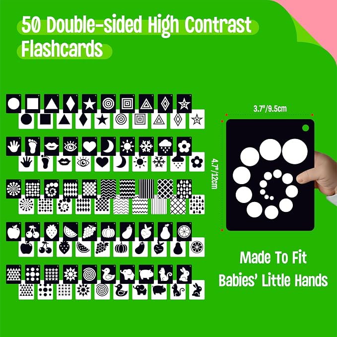50PCS High Contrast Baby Flashcards, 100 Pages Black & White Visual Stimulus Flash Cards, Brain Development Cards Set Montessori Sensory Toys for Infants Newborn Boy Girl Baby Tummy Time (0-3 Months)