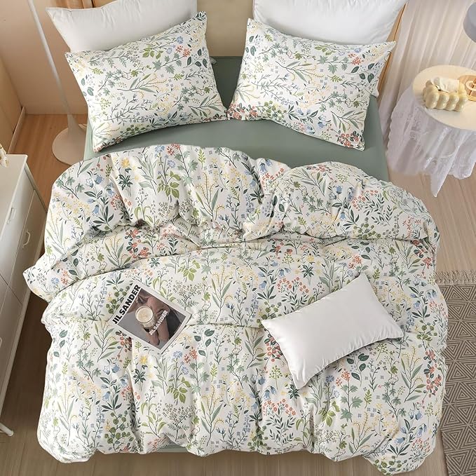 Vintage Garden Floral Comforter Set Queen Soft Fluffy Vibrant Colors Cute Floral Bedding Comforter Boho Aesthetic Queen Bed Comforter with 2 Pillowcases Cottagecore Botanical Flower Comforter Set