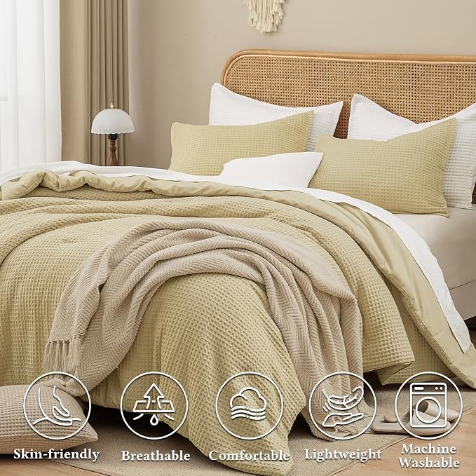 David's Home Waffle Weave Comforter Set 3PCS King Size, Soft Breathable Lightweight Cozy Skin-Friendly Warm for All Season, Elegant Aesthetic Home Decor Bedding Set with Pillow Shams, Pale Khaki