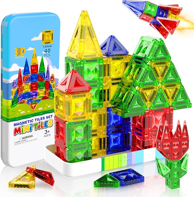 Mini Magnetic Tiles, 40 PCS Diamond Pattern Magnetic Tiles with Tin,Micro Magnet Travel Toy Portable for Kids Age 3+,STEM Educational Building Set Construction Toys,Boys Girls Toddlers Birthday Gifts