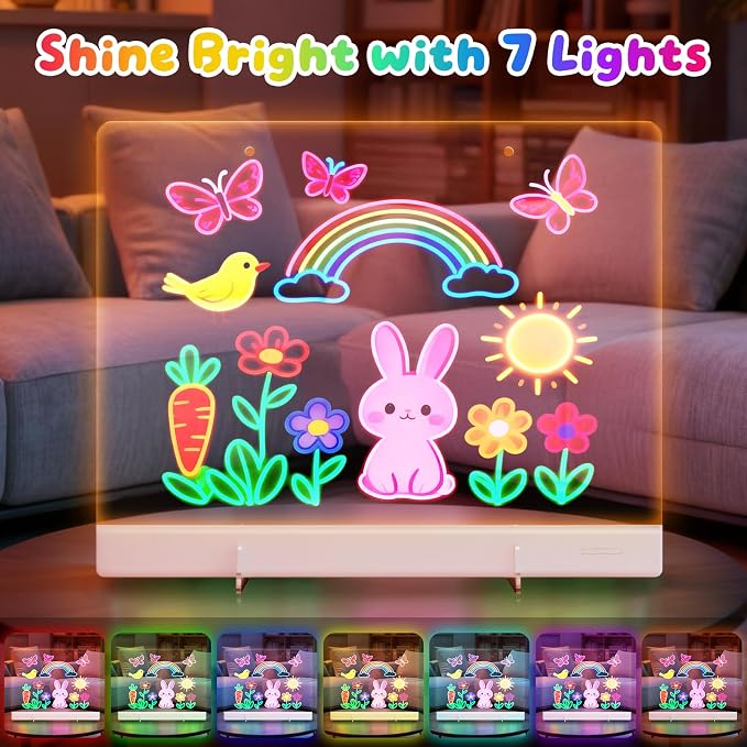 16" LumiBoard LED Drawing Board for Kids - 7 Colors & 10 Modes Rechargeable Acrylic LED Note Board with 7 Markers Cleaning Kit, Birthday Gifts for Kids/Girls/Teens