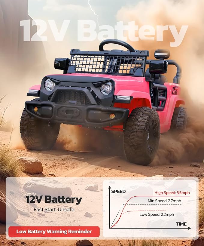 ELEMARA 12V Ride on Toys, Electric Vehicles for Kids w/3 Speeds, 3.5 mph Max, Ride on Car with Remote Control, Motorized Truck, Toddler Electric Car w/Bluetooth, LED Lights,Shock Absorbers-Light Pink