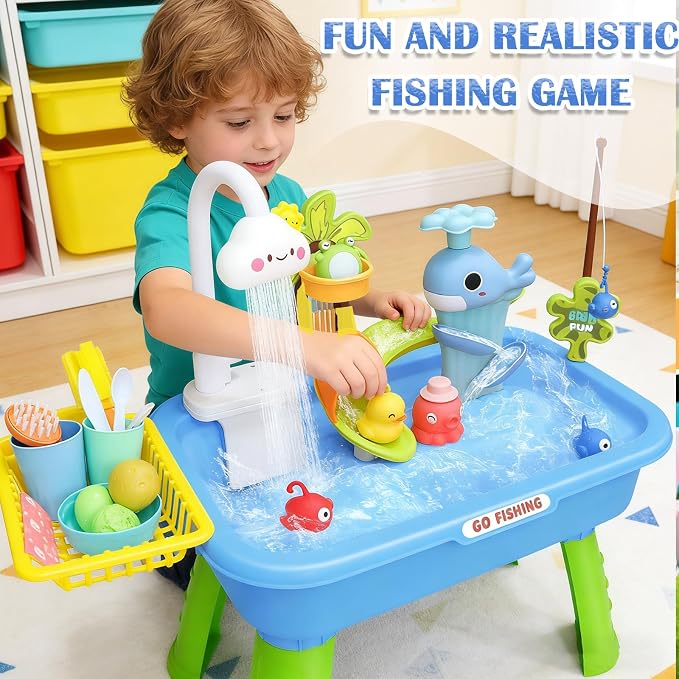 Water Table for Toddlers 1-3, Kids Play Sink for Toddlers with Pump, Whale Slide, Waterfall Shower & Pretend Kitchen Accessories, Summer Baby Water Toy for Outdoor Backyard Sensory Play（Blue）